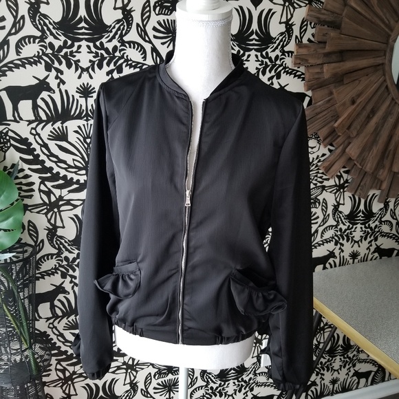 Stoosh Jackets & Blazers - Black Bomber Jacket Ruffle Silver Zipper M